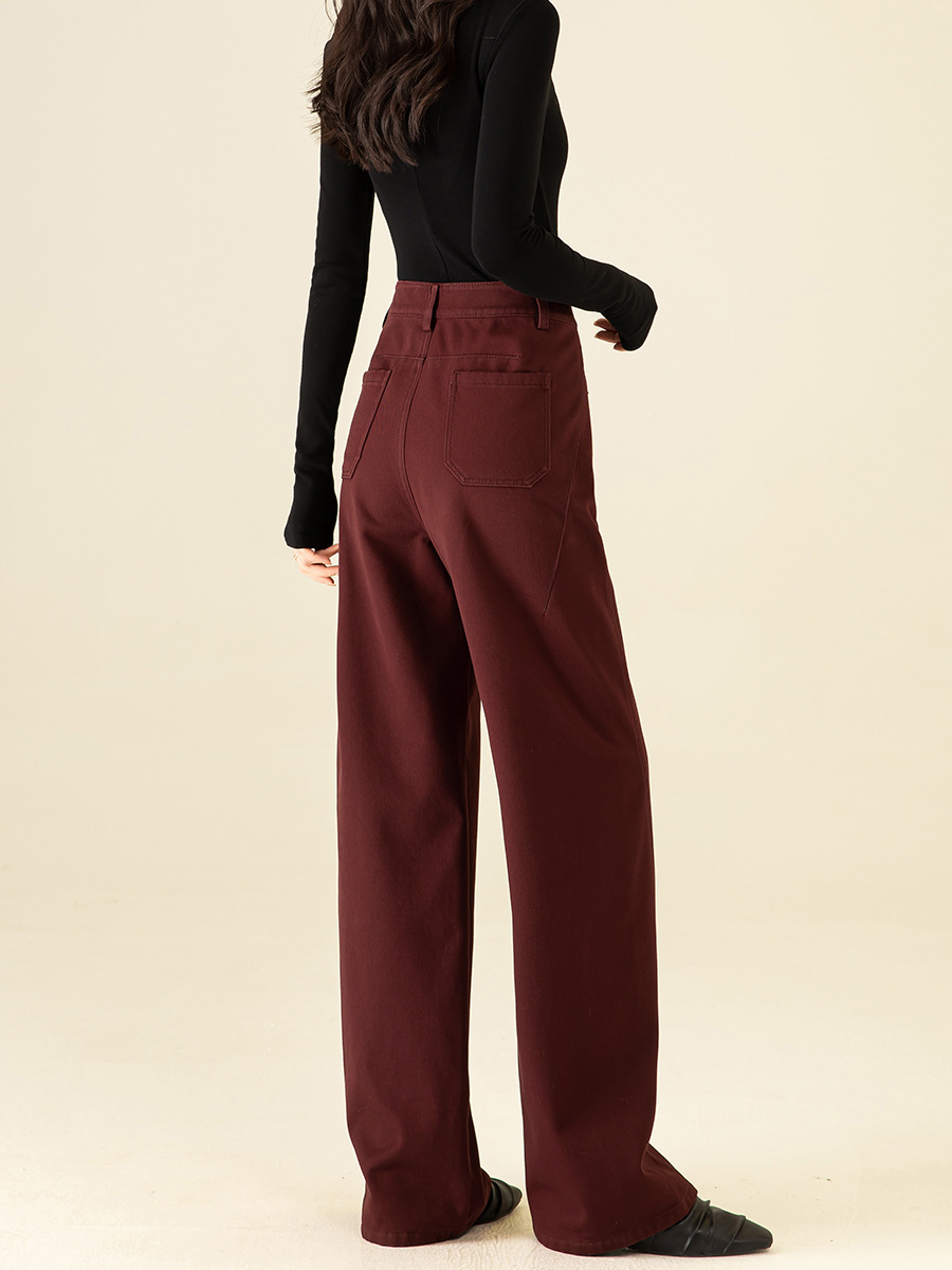 Quần ống rộng cotton linen lót lông mùa đông dáng suông ống thẳng — Màu cà phê
