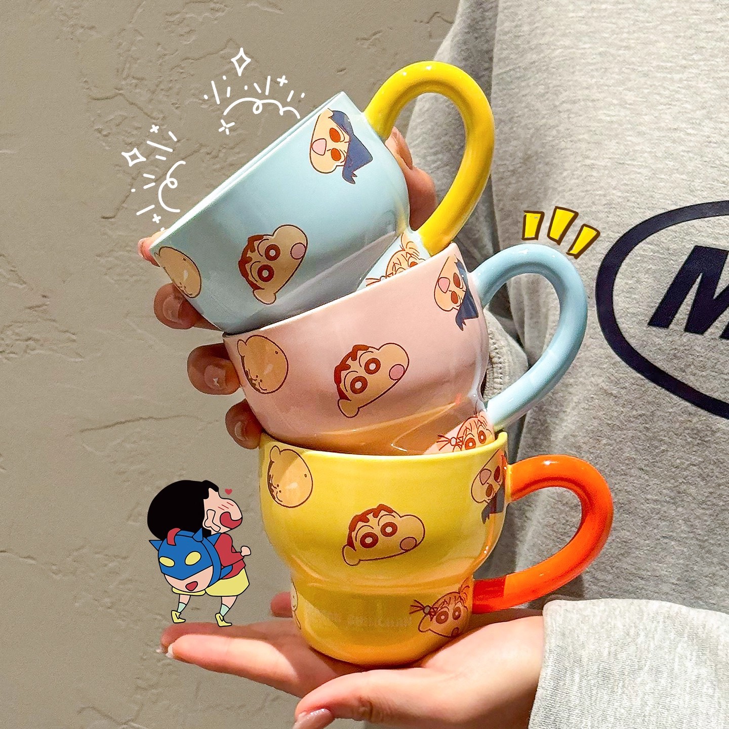 正版蜡笔小新可爱陶瓷马克杯带勺女孩儿童喝水牛奶杯早茶早餐杯子