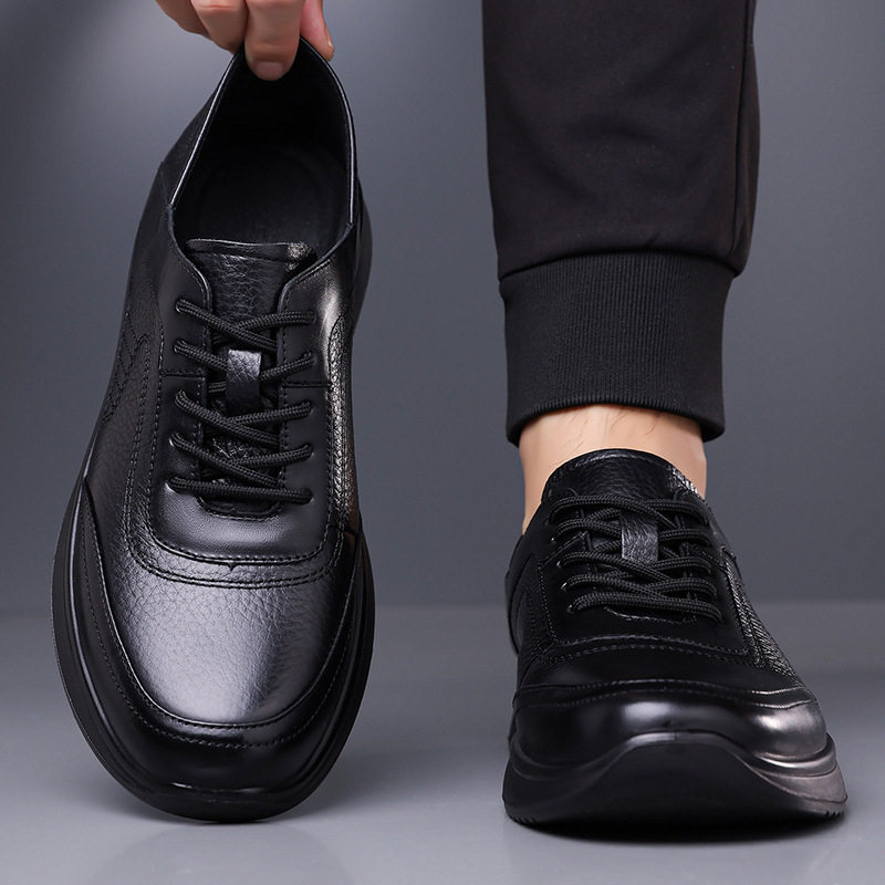 Giày lười nam da bò thật mũi tròn đế mềm chống trượt, kiểu slip-on nhẹ chân — D7913 Đen