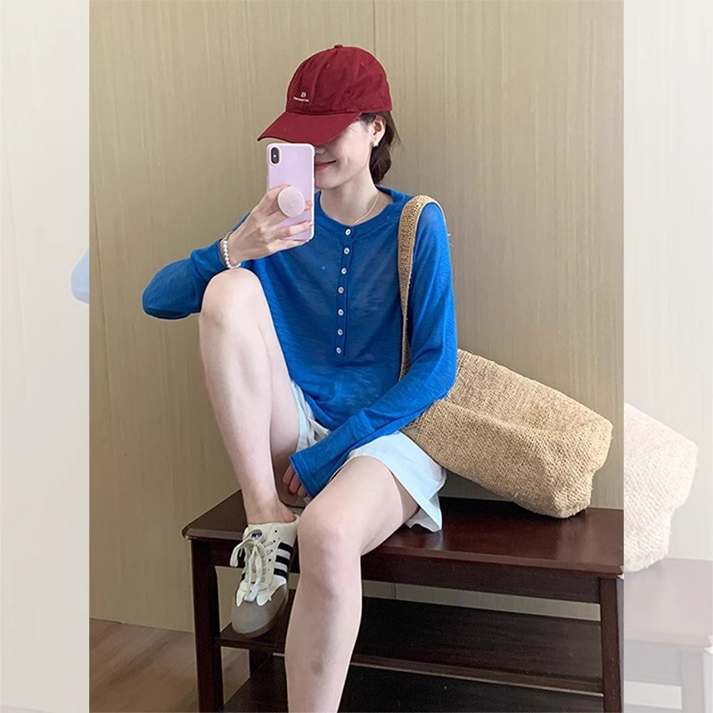 クラインブルーチュール日焼け止めブラウス女性の夏薄い小さなアイスシルク長袖Tシャツアウタートップ|undefined