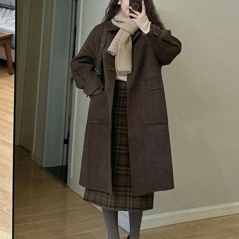 感咖色呢子大衣女秋冬装新款韩版牛角扣中长款小个子毛呢外套|undefined