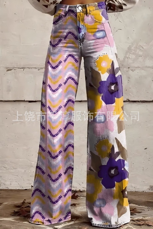 跨境欧美独立站爆款数码印花假牛仔女士阔腿裤 女士喇叭修身长裤|undefined