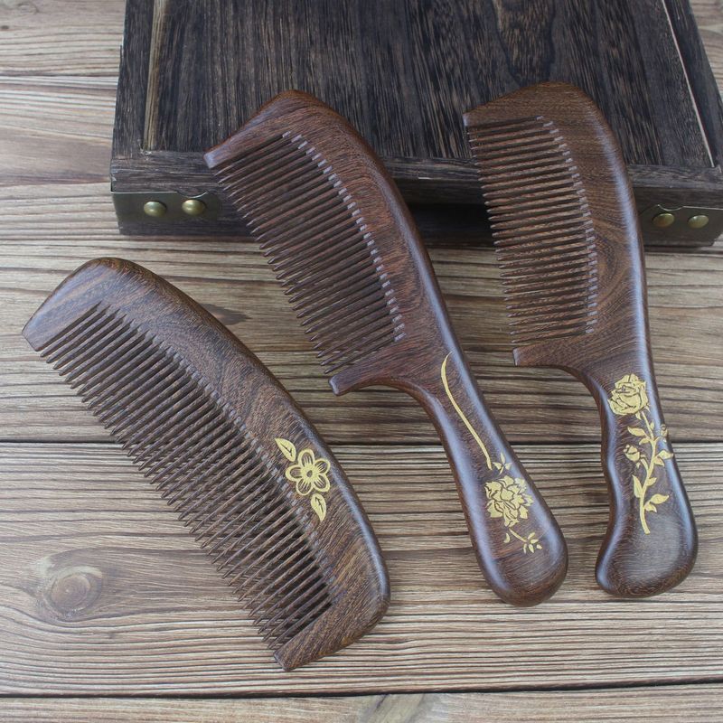天然黒檀櫛メーカー卸売 新型金彩画入りヘアコーム 長髪用 家庭用 無垢材ギフト|undefined