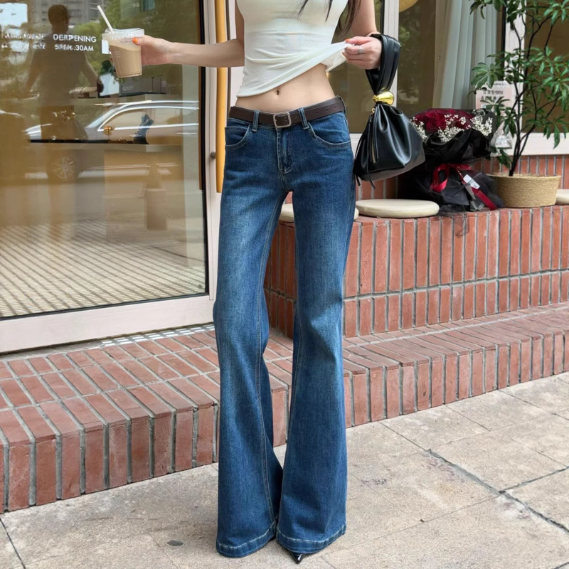 Dark Blue Low-Waist Flared Jeans for Women, Petite Size, Non-Tight Flared Pants, Slimming Jeans for Women Dark Blue Low-Waist Flared Jeans for Women, Petite Size, Non-Tight Flared Pants, Slimming Jeans for Women