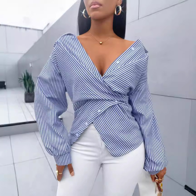 Europe and the United States cross-border 2024 foreign trade hot new spring and summer fashion sexy all-match striped long sleeve women's shirt