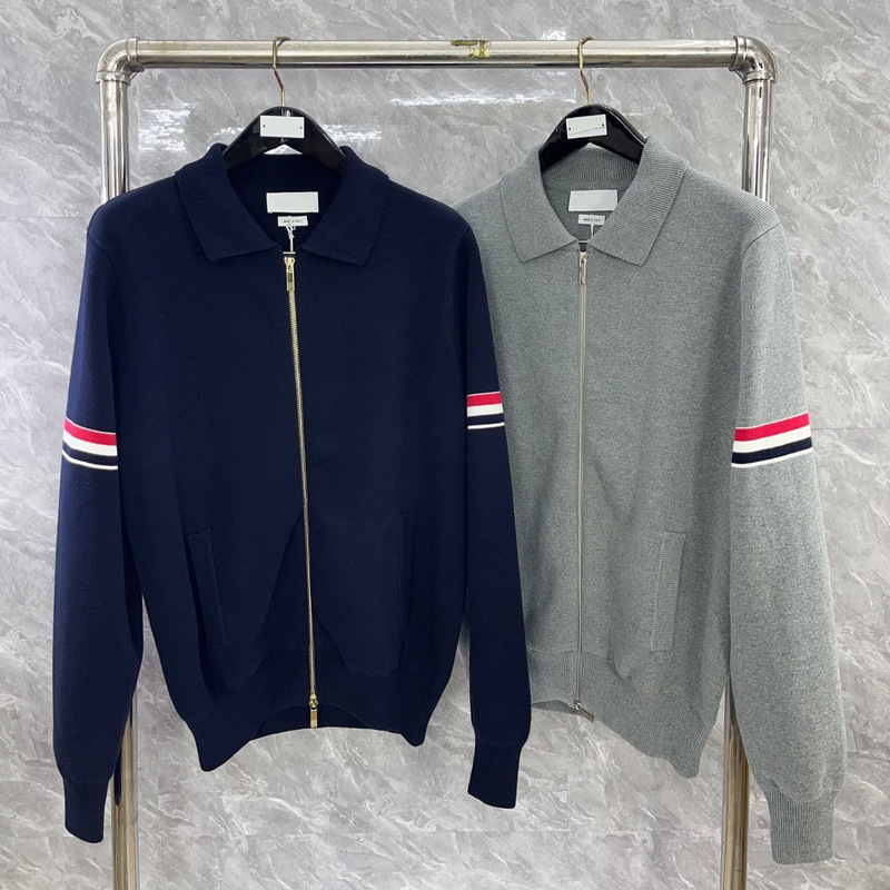 Factory Direct Tb Autumn and Winter New Double-Sleeved Webbing Knitted Lapel Zipper Jacket Jacket for Men and Women
