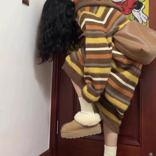 Contrast Color Striped Hooded Knitted dress Women's Autumn and Winter Loose Long Sweater Dress Soft Waxy Straight Long Skirt