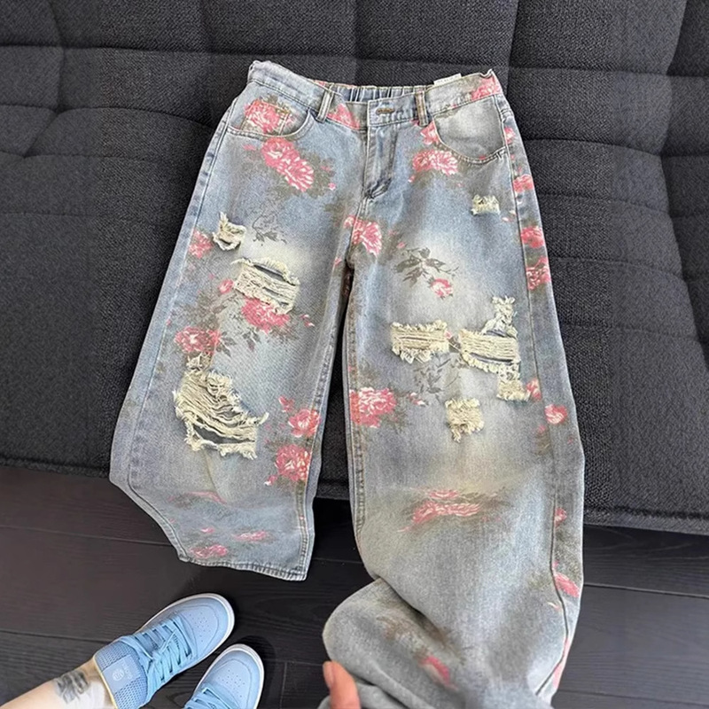Floral Print Ripped Jeans Men's Summer Puppies Handsome High-Level Slimming Pants cleanfit Loose Straight Pants