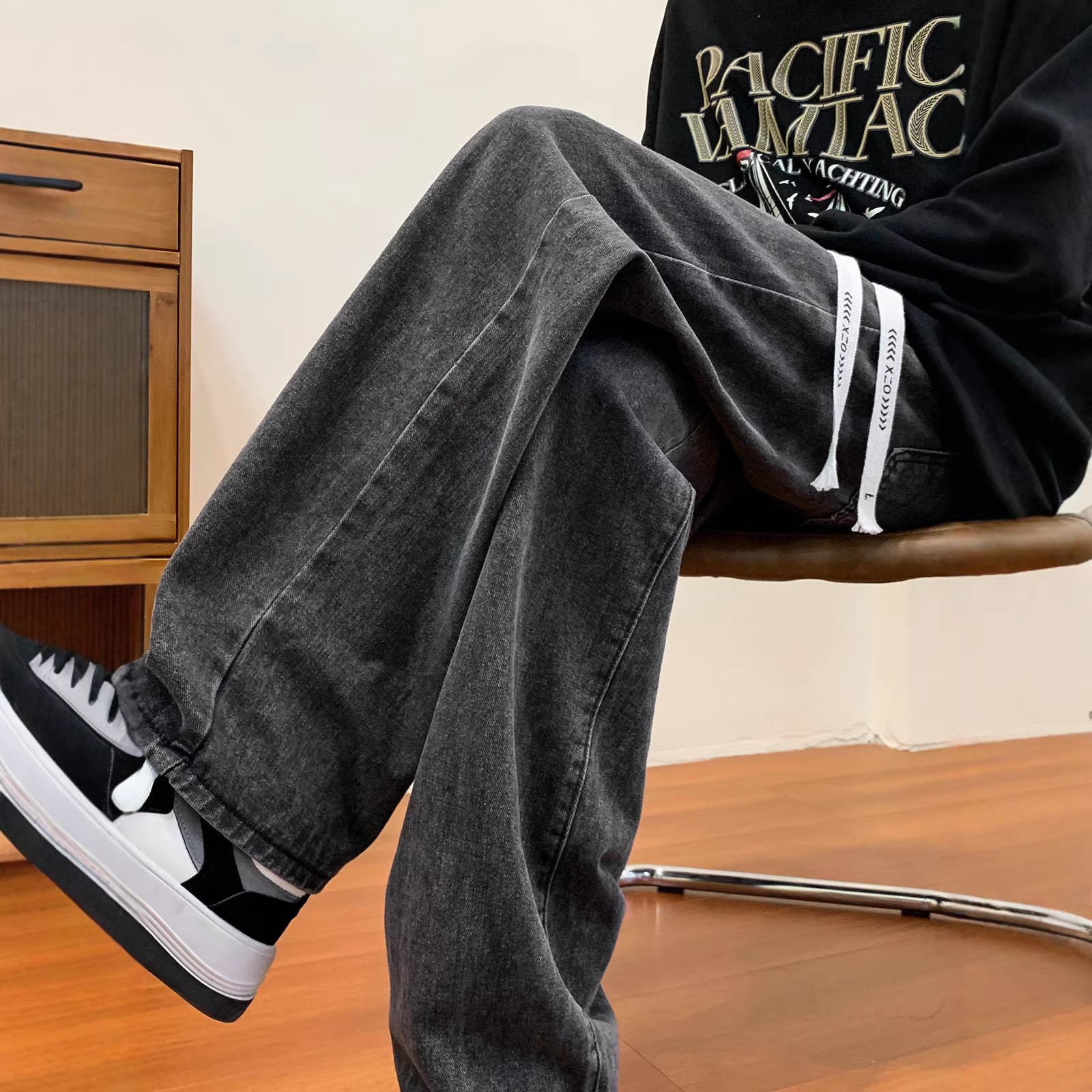 Men's Summer Elastic Waist Straight Leg Jeans Trendy Retro Japanese Style Casual Slimming Wide Leg Trousers_mkmklike.com