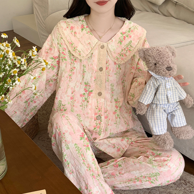 云朵棉睡衣女2025新款春秋季甜美娃娃领韩系小碎花长袖家居服套装|undefined