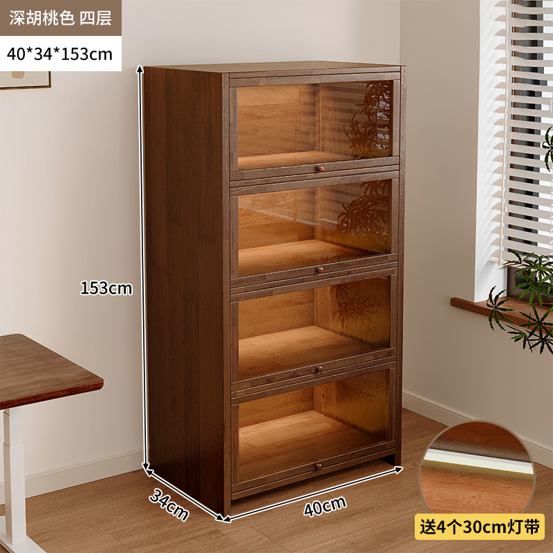 Librería de madera maciza a prueba de polvo integrada contra la pared Armario de almacenamiento de color nogal Armario de almacenamiento Armario de piso Estantería para el hogar