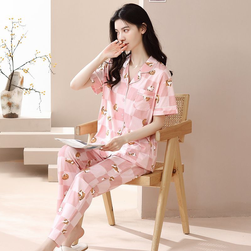 Pijamas de mujer primavera y verano 2023 nuevo 100% algodón cardigan pantalones de manga corta casual traje de desgaste para el hogar