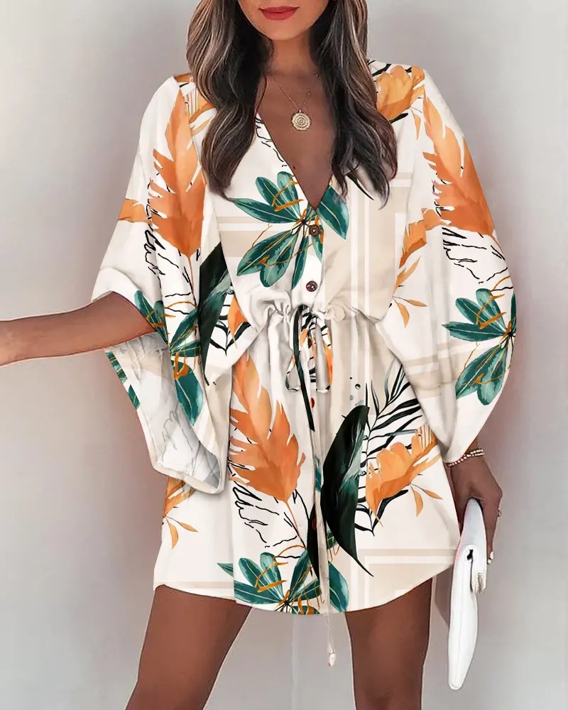 Transfronterizo europeo y americano de verano manga de vuelo Amazon deseo popular con cuello en V con cordones de ocio vestido de vacaciones ropa de mujer