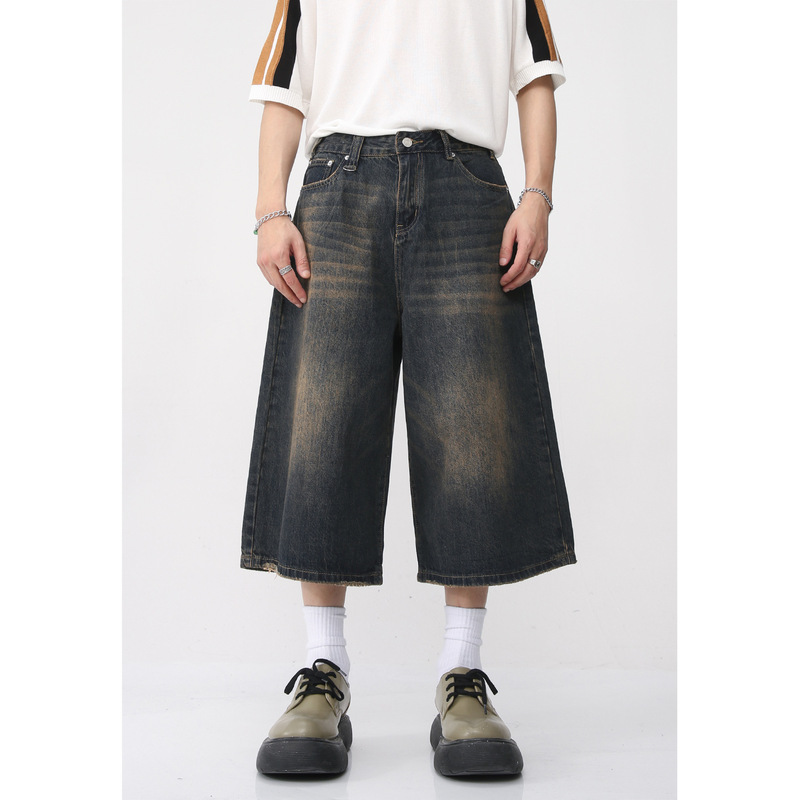 Men's Clothing 2025 New Korean Style Loose Wide-Leg Retro Distressed Flared Cropped Pants Versatile Mid-Length Jeans over the Knee