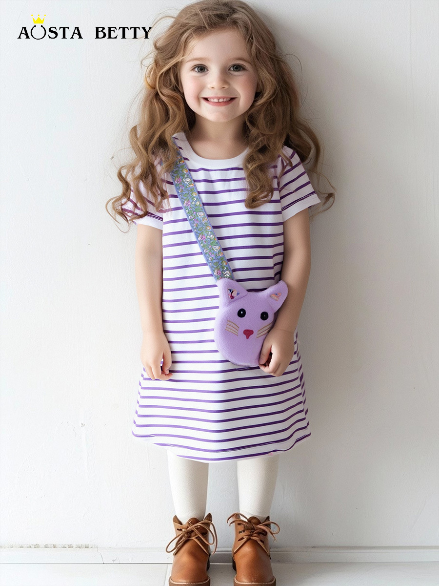 26 verano nuevo vestido infantil de estilo europeo y americano de dibujos animados bolsos gatos niñas vestido de princesa vestido a rayas de moda vestido infantil