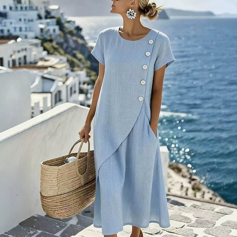 Amazon Independent Site European and American 2026 Summer New Women's Linen Blend Dress with Button Decoration and Pockets Amazon Independent Site European and American 2026 Summer New Women's Linen Blend Dress with Button Decoration and Pockets