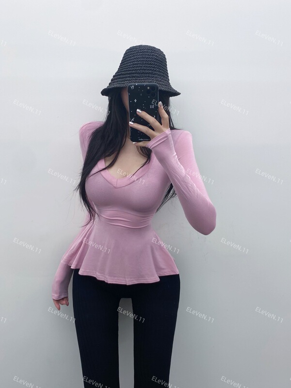 基本模型是惊人的！显瘦版~掐腰V领设计右肩长袖t恤配底裤衬衫|undefined