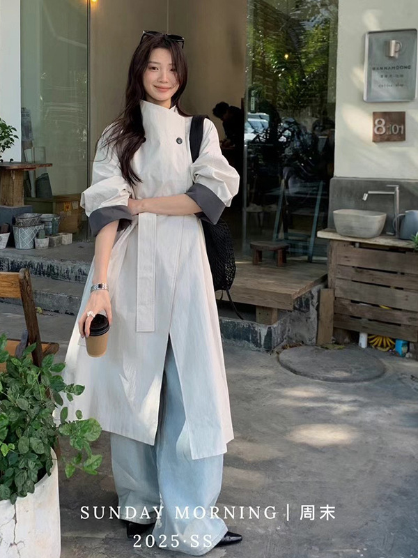 极简风衣女外套2025秋新款慵懒风中长款休闲立领撞色小个子大衣|undefined