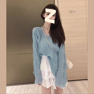 Spring and Summer Lazy French Style Design Pleated Chiffon Shirt Trumpet Long-Sleeved Sunscreen Shirt Women's Meat-Covering Thin Top