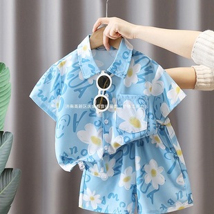 Summer Suit 2025 New Kidsren's Summer Thin Holiday Style Boys' Flower Shirt Short-Sleeved Shorts Two-Piece Set