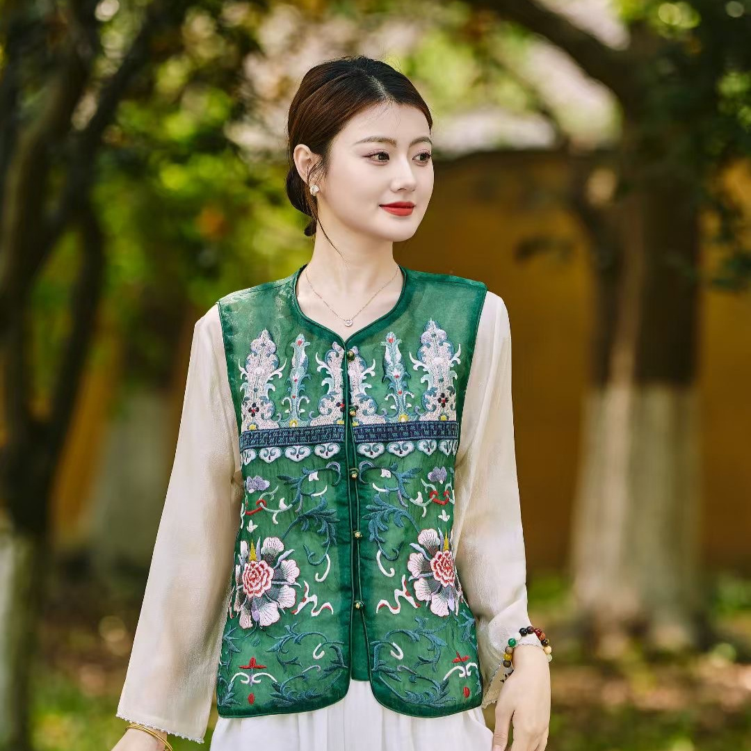 2025夏季新款民族风复古圆领盘扣马甲女文艺时尚欧根纱拼接小背心