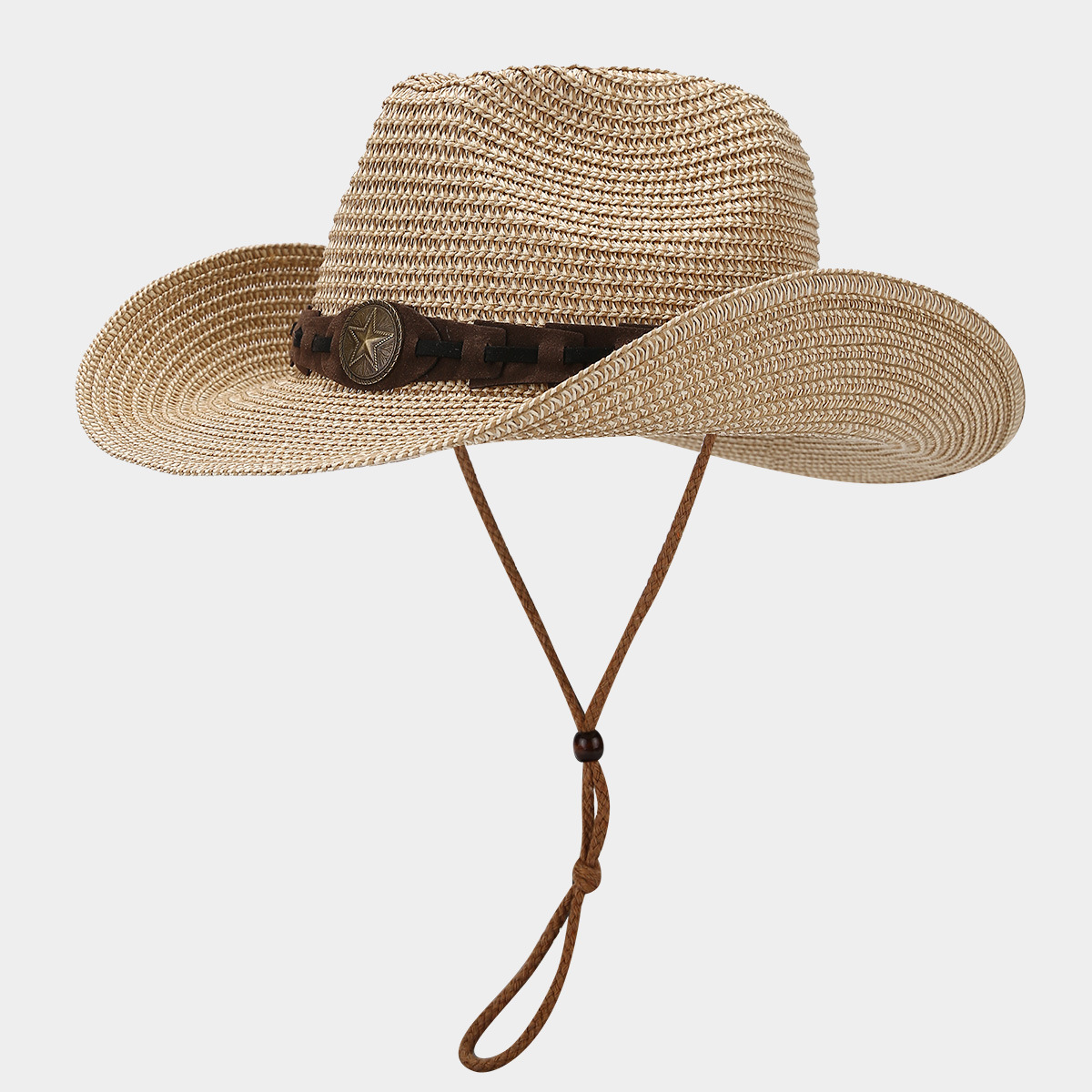 El viento del oeste decoración de sombrero de paja de vaquero para hombres y mujeres de verano retro al aire libre con cuerda a prueba de viento sombrero de sombrero solar transpirable