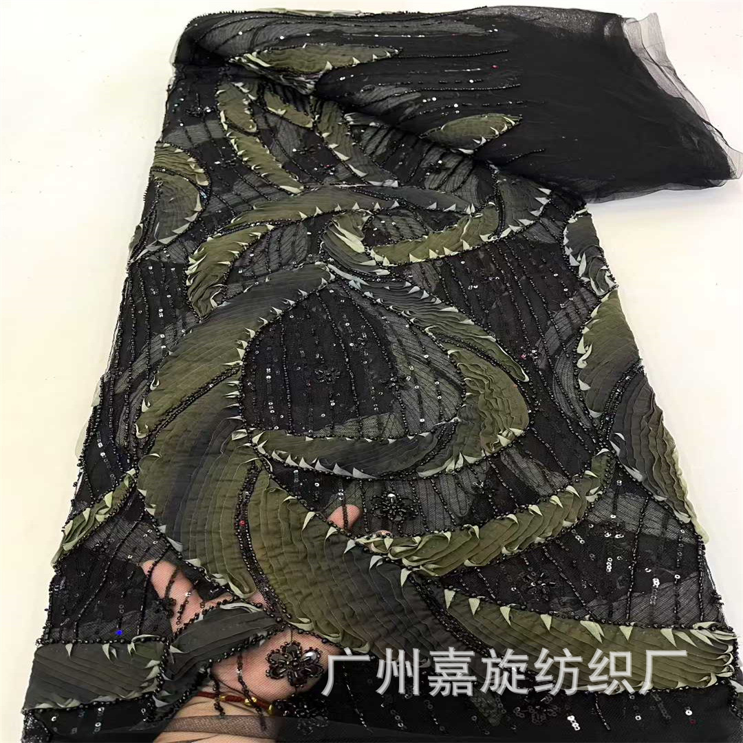 Nueva tela de bordado con lentejuelas tridimensionales en degradado morado para trajes de escenario y vestidos de novia.