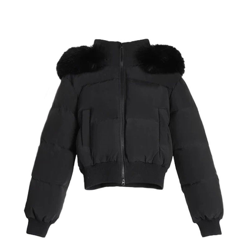 2025新款棉服女冬季欧美外贸藏青色连帽毛领短款棉衣面包服外套厚|undefined