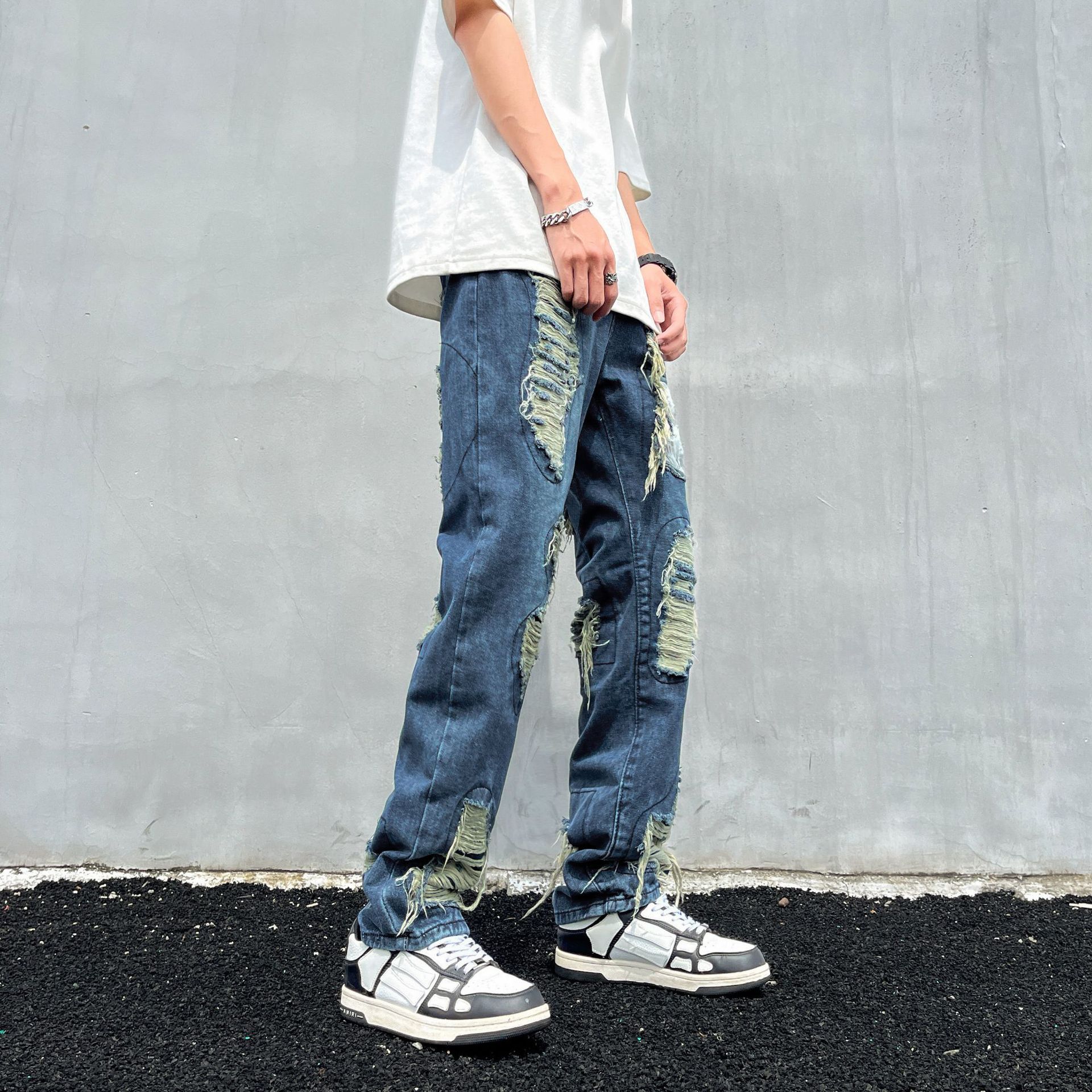 Tie-Dye Ripped Jeans For Men And Women American High Street Vintage Washed Slim Fit Flared Pants_mkmklike.com