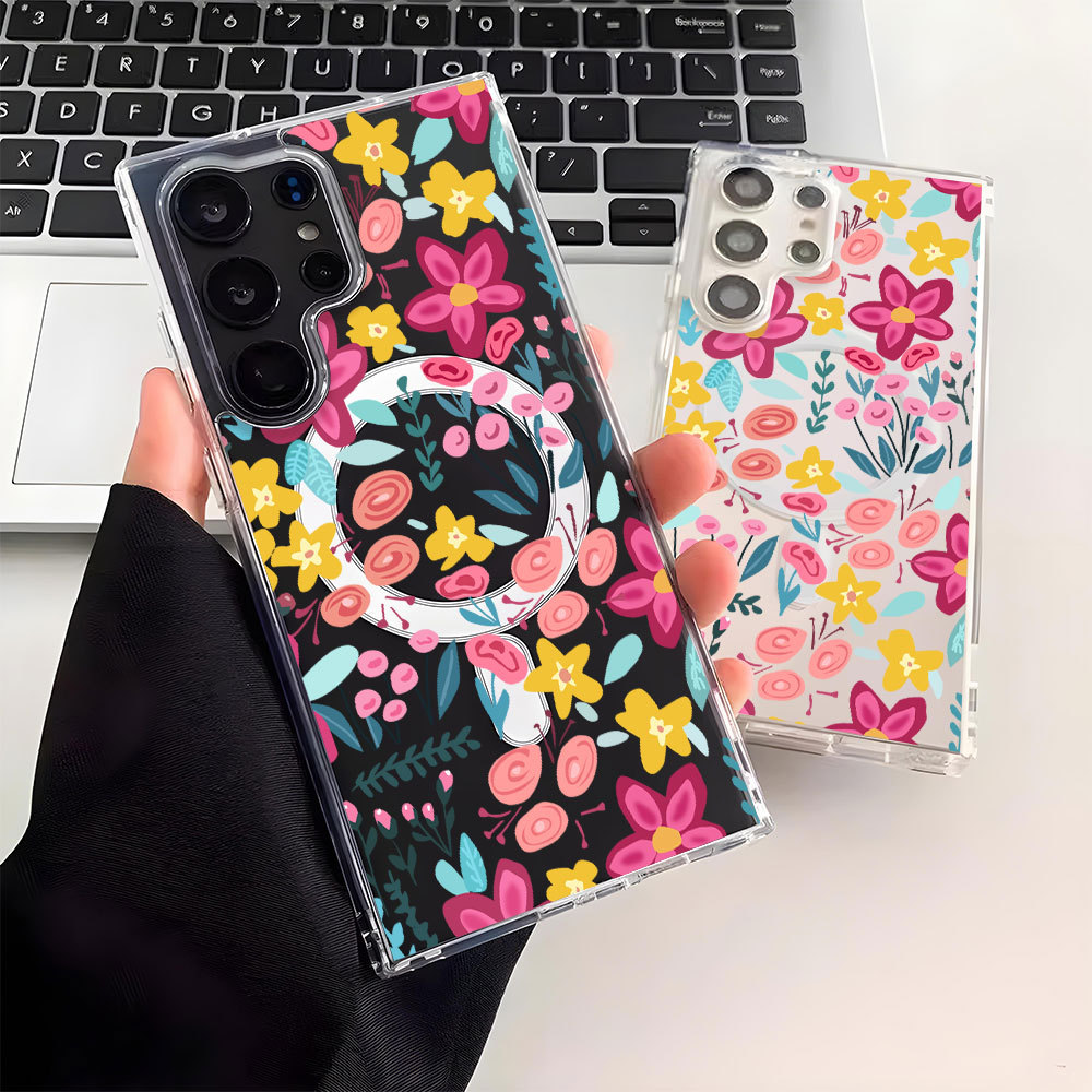 热销爆款三星S23至尊版磁吸手机壳彩色花朵GalaxyS22保护套防摔24