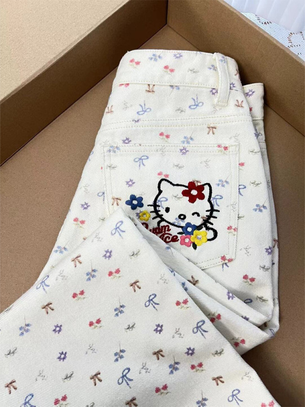 大码简约慵懒碎花kitty刺绣牛仔裤女夏季新款少女感高腰直筒长裤|undefined