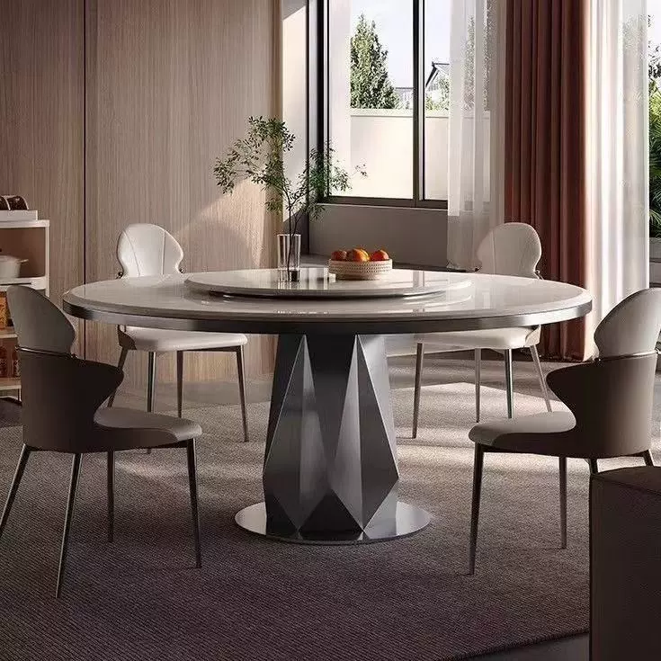 现代岩板简约晶石餐桌转盘小户型意式圆形餐桌椅组合家用圆桌轻奢