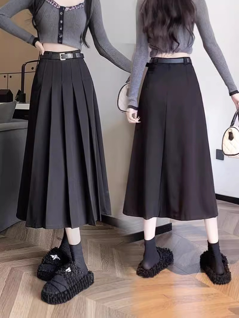 세트 직물 주름 치마 긴 치마 2024 새로운 한국 간단한 검은 회색 프랑스 높은 허리 슬리밍 A-라인 버전