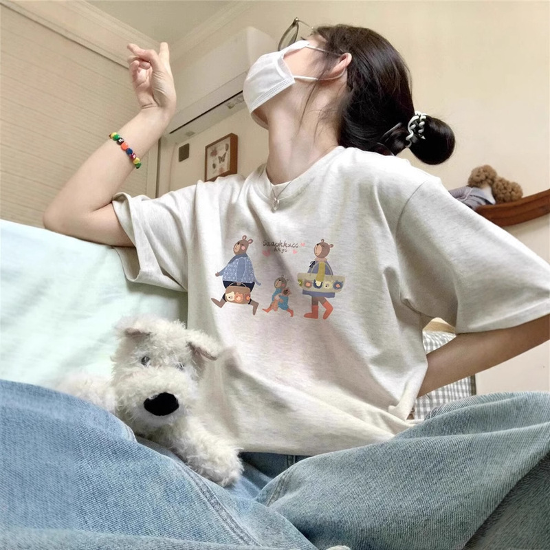 100% Pure Cotton American Style Hong Kong Style Chic Gray Short Sleeve T-shirt Women's Summer Lazy Petite Unique Chic Top