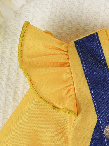 Summer Casual Fashion Style Daily Baby Girl Infant Bee-Print Ruffled Long-Sleeve Blue Denim Suspender Dress
