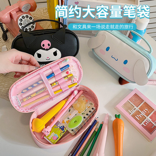 New Sanrio Kulomi Melody Large Capacity Portable PU Leather Pencil Box Student Cartoon Storage Pencil Bag