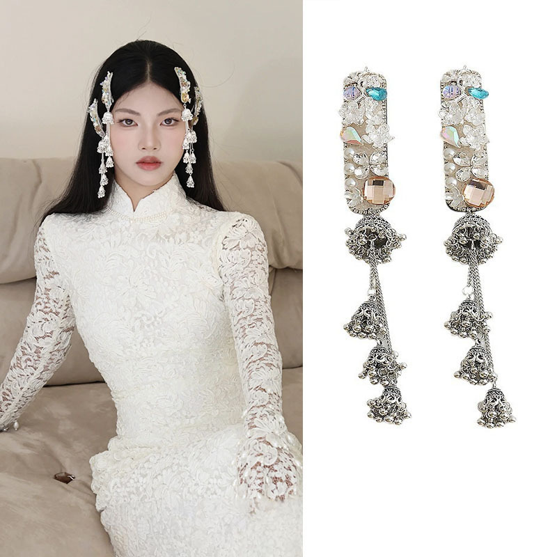 Cross-border New Chinese Super Flash silver Gem Tassel Beaded Edge Clip Super Immortal Bride Headwear Fringe Clip