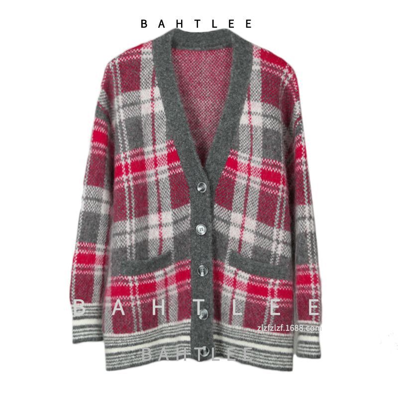Early Spring Jacquard Super Mohair Loose V Neck Mid-Length Sweater Knitted Cardigan Scottish Plaid Double-Sided