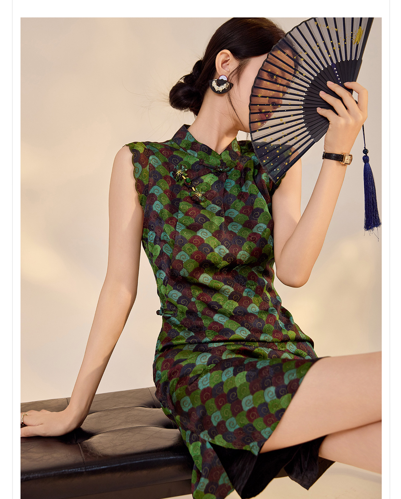 Váy sườn xám cách tân cổ đứng cài cúc kẻ sọc dáng chữ A chất rayon — Màu xanh khoáng chi tiết 7
