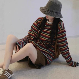 美式复古撞色条纹圆领长袖T恤女早秋单穿慵懒松弛感超好看上衣服