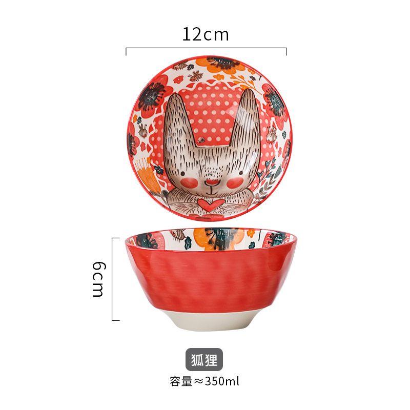 Tazón de Cerámica con Diseño de Animales del Bosque, 4.75 Pulgadas, con Patrón de Piedra, Lindo Tazón para Arroz, Vajilla para el Hogar, Tazón Pequeño, Adorable Conejo de Orejas Largas.
