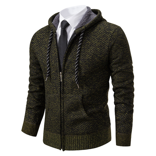 Cross-border European and American-style Cardigan Sweater for Men – Autumn/Winter Fleece-Lined Knitwear, Men's Outdoor Hooded Knitted Jacket