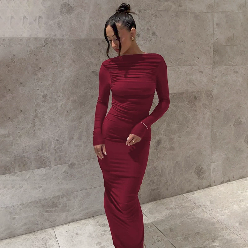 Европа и США горячая женская одежда 2024 осень и зима новая мода сексуальная спина с складками тонкое платье с длинными рукавами для женщин оптом