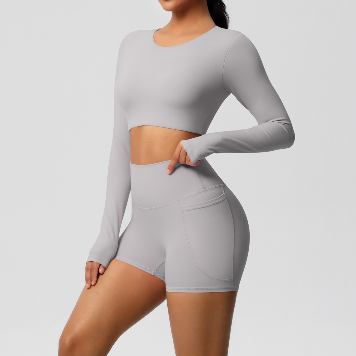 Transfronterizos europeos y estadounidenses de color sólido de doble cara nylon molido con peito conjunto de ropa deportiva de ejercicio de dos piezas conjunto de mujeres