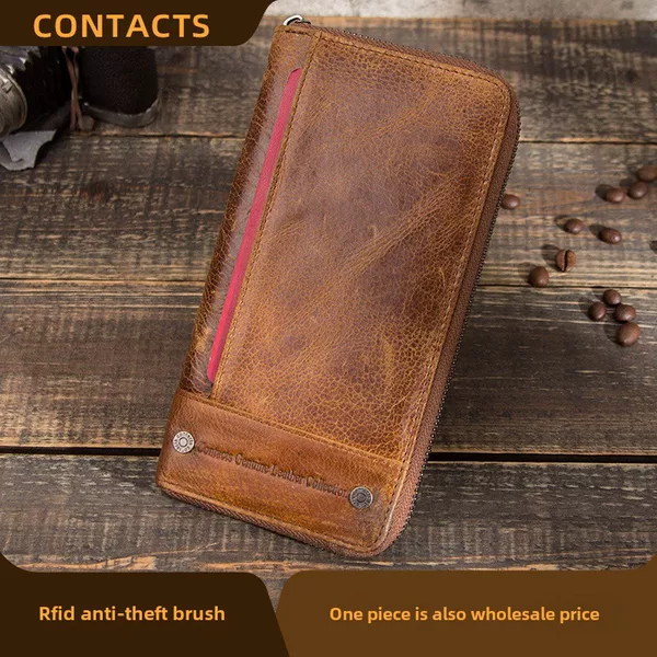 Black Angel Retro Crazy Horse Cowhide Rfid Anti-Theft Brush Men's Wallet Long Multifunctional Genuine Leather Men's Zipper Bag