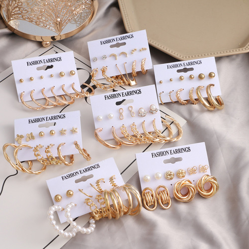 Retro gold earring set 6-piece earring set European and American cross-border French geometric inlaid pearl earrings