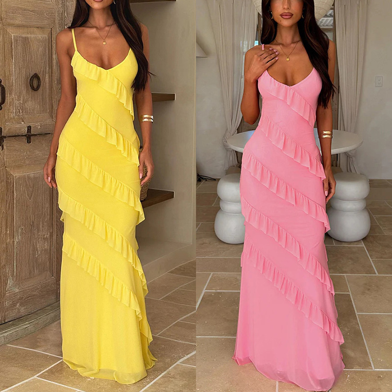 European and American Style V-Neck Off-Shoulder Wave-Cut Slim-Fit Side Slit 2026 Spring/Summer Sexy Backless Spaghetti Strap Long Dress European and American Style V-Neck Off-Shoulder Wave-Cut Slim-Fit Side Slit 2026 Spring/Summer Sexy Backless Spaghetti Strap Long Dress