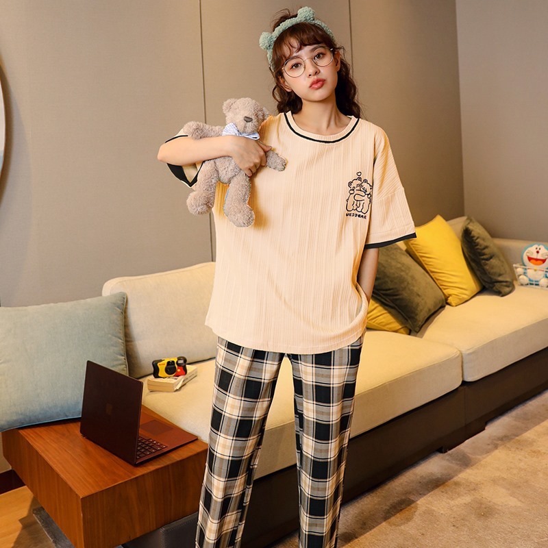 Summer Pajamas Women's Short-sleeved Pants Cotton Two-piece Set plus size Girl's Home Clothes suit Cute Cartoon Outwear