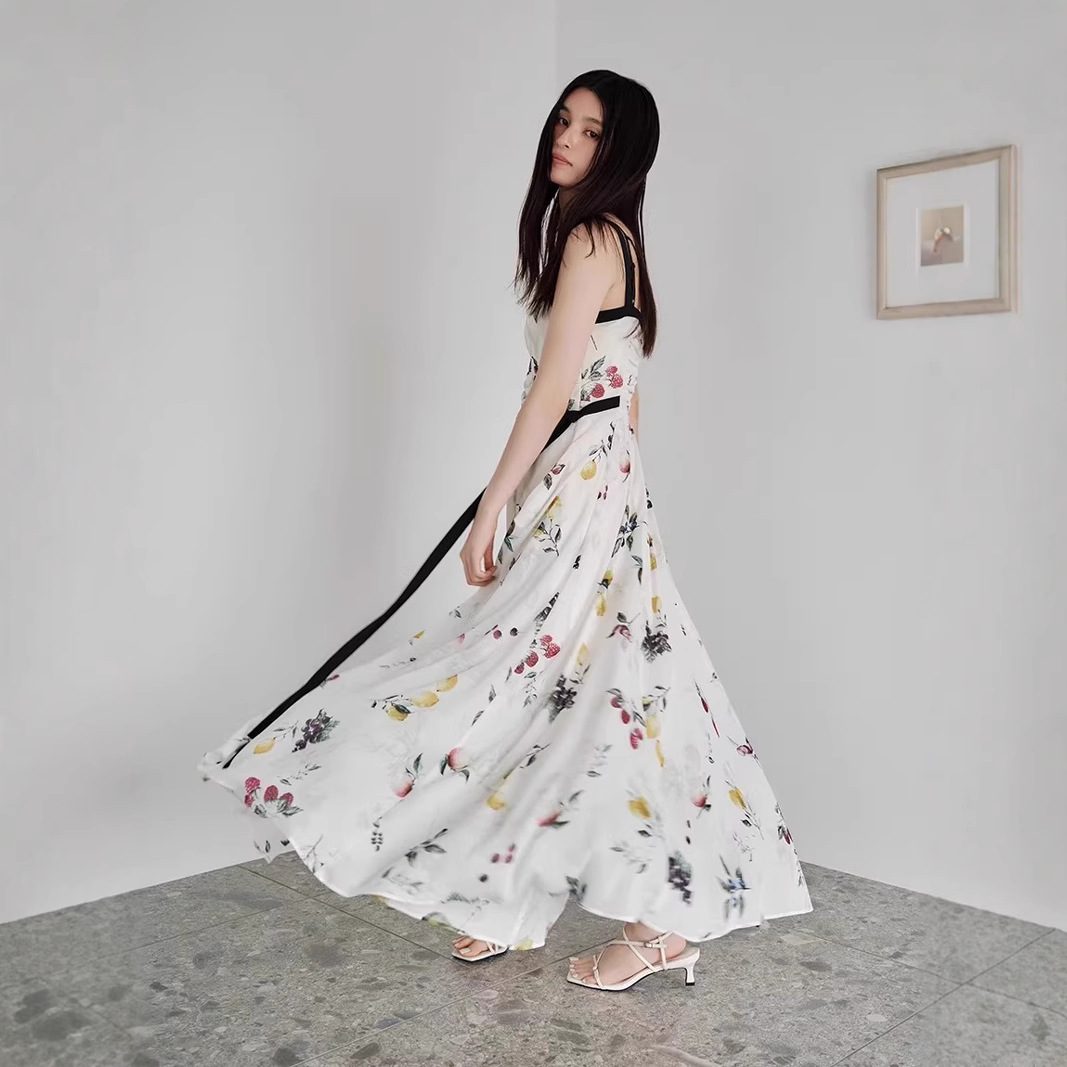 Wzfs2537 Summer Japanese Style Fd New Strap Fruit Print Slim Chiffon Dress Tank Dress Cross-Border