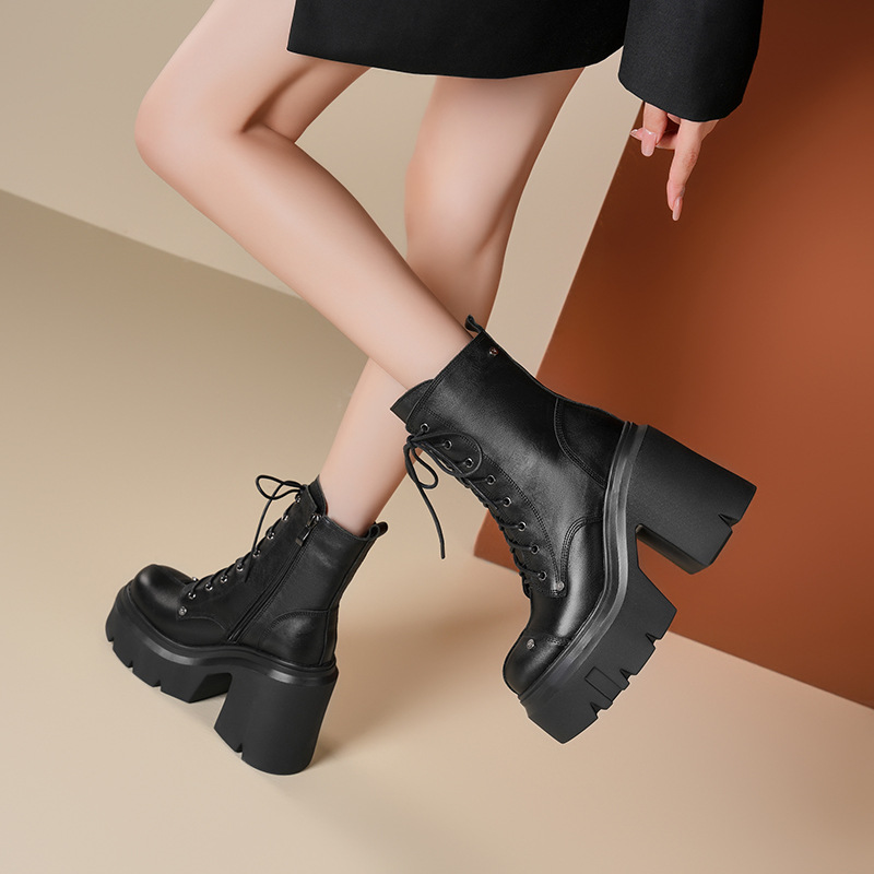 Boot nữ da mềm mũi tròn gót thô đế dày dây buộc — Lót nhung đen